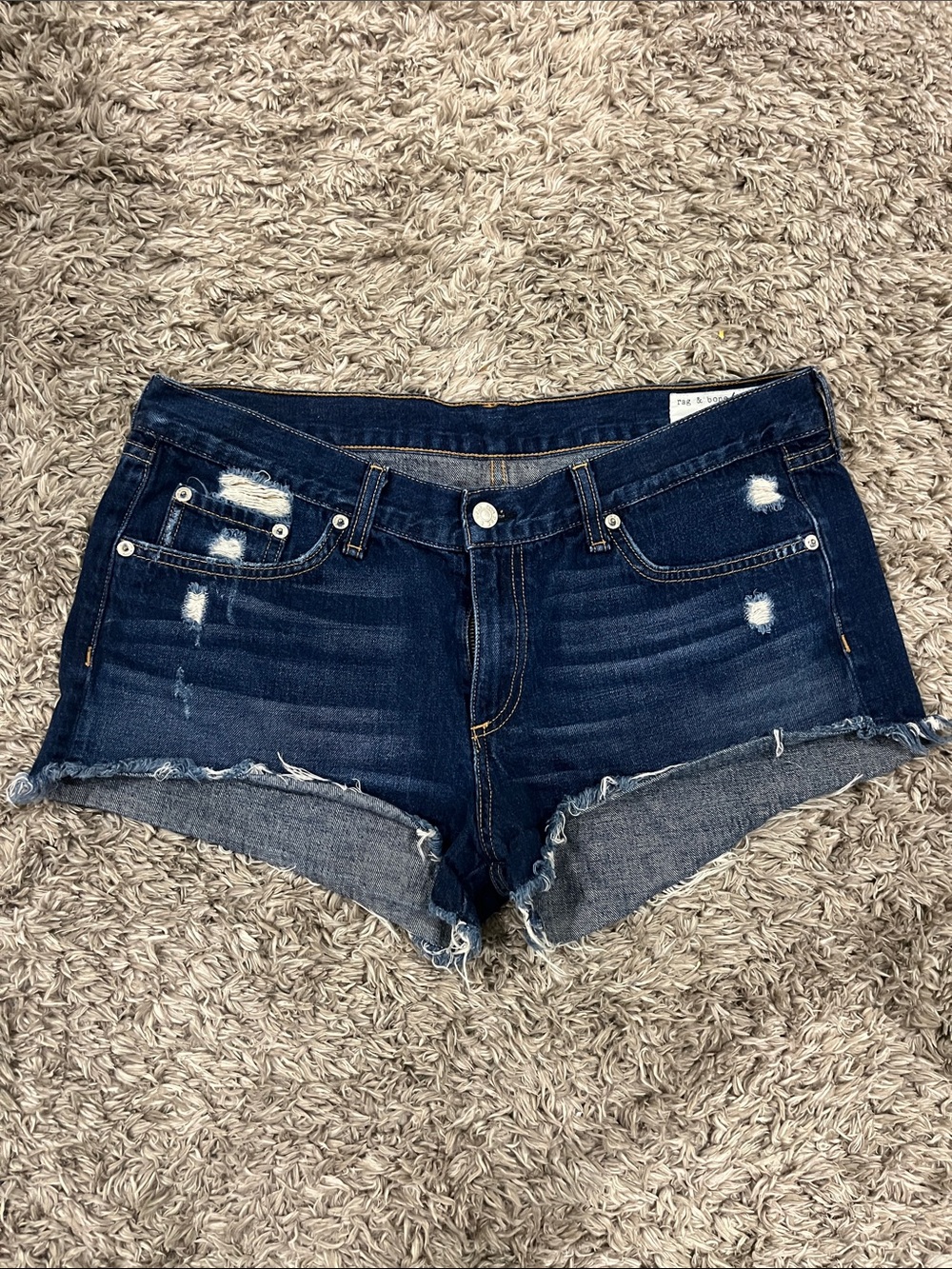 rag & bone Dark Blue Distressed Denim Shorts
